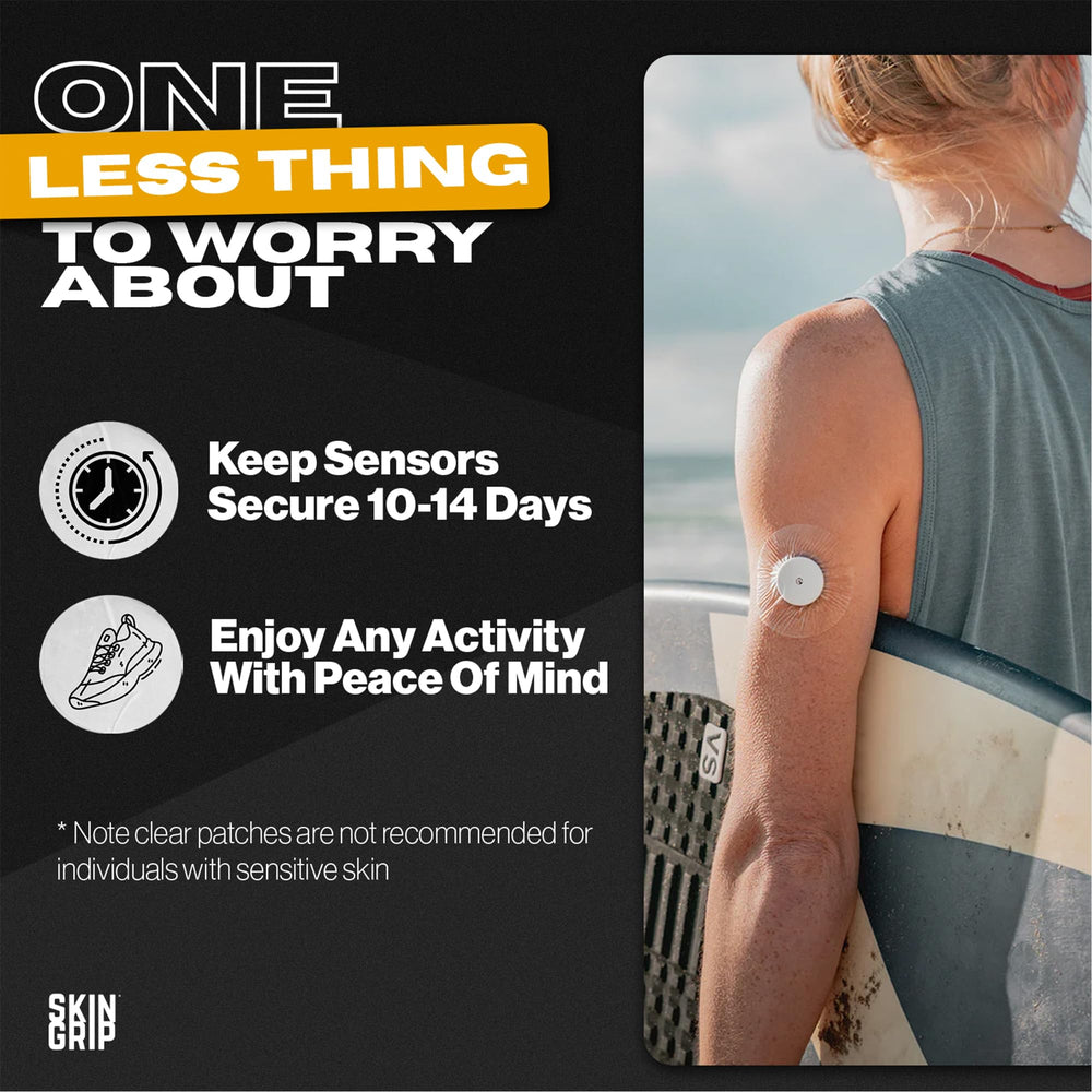 Skin Grip waterproof patch maintains sensor integrity through showers and workouts.