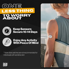Skin Grip waterproof patch maintains sensor integrity through showers and workouts.