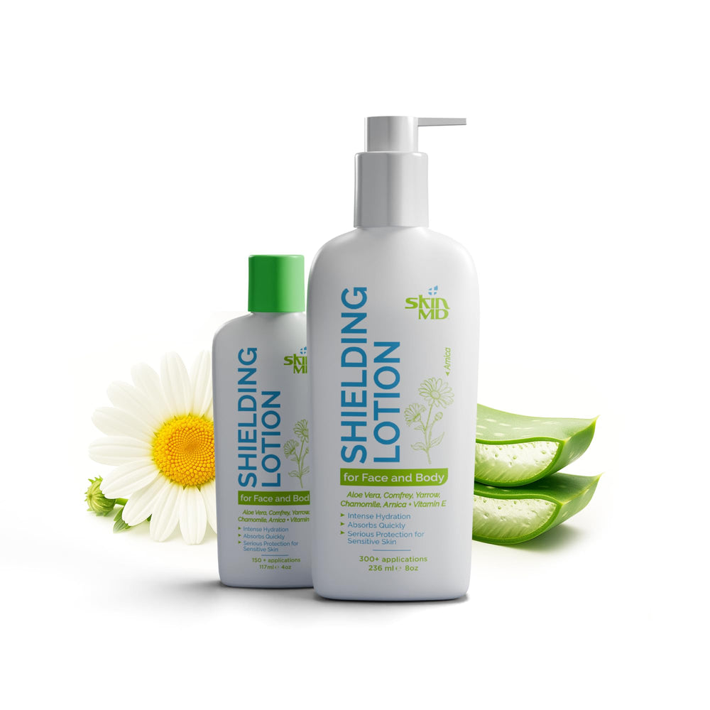 Skin MD Shielding Lotion bottle with pump for quick, non-greasy hydration.