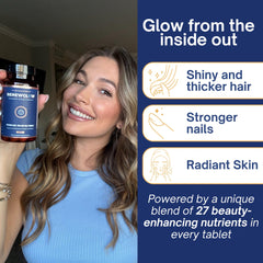 Renewglow bottle beside manicure setup suggesting nail strength.