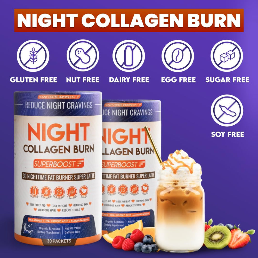 Skinny Coffee SuperBoost Night Collagen Burn label detail highlighting melatonin and collagen