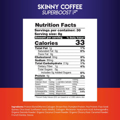 Skinny Coffee SuperBoost Night Collagen Burn packaging highlights premium ingredients for sleep support.