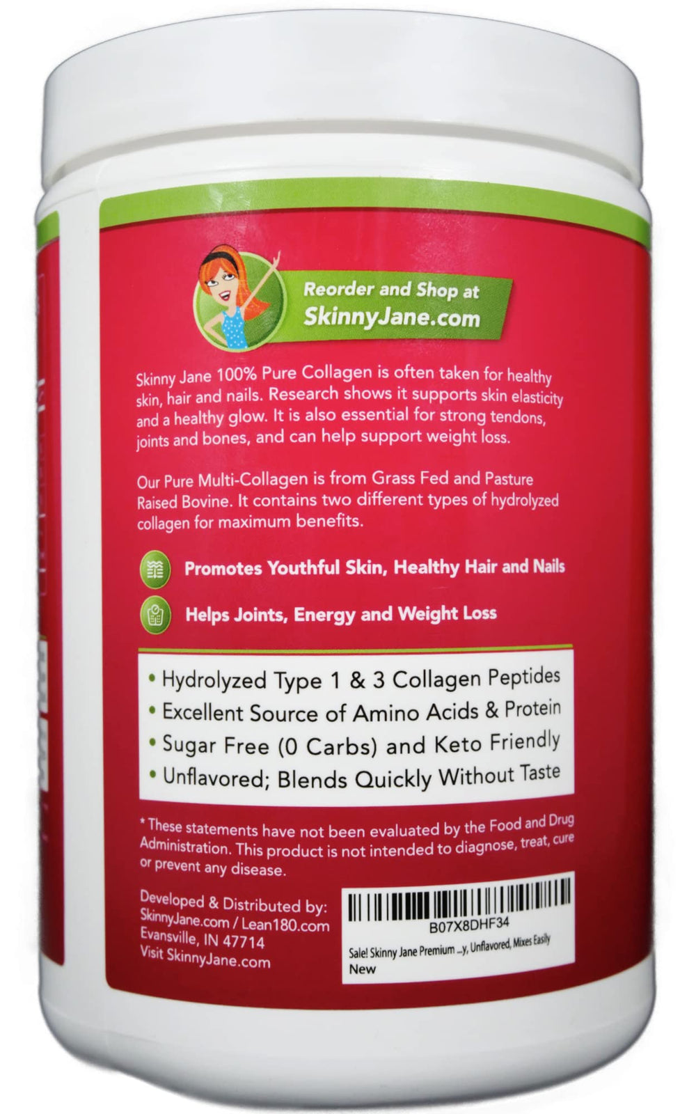 Coffee mug beside Skinny Jane Collagen Peptides Powder for a neutral add-in.
