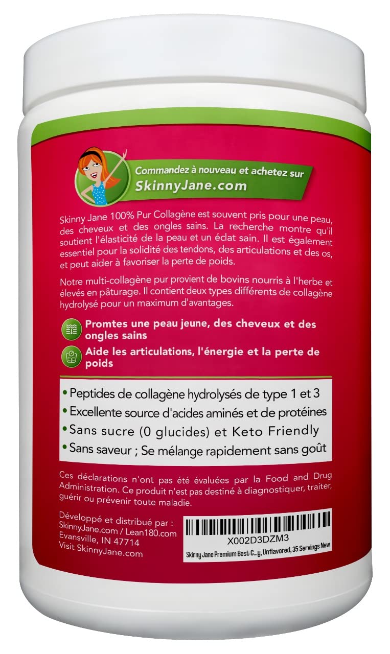Nutrition facts panel visible on Skinny Jane Collagen Peptides Powder tub.