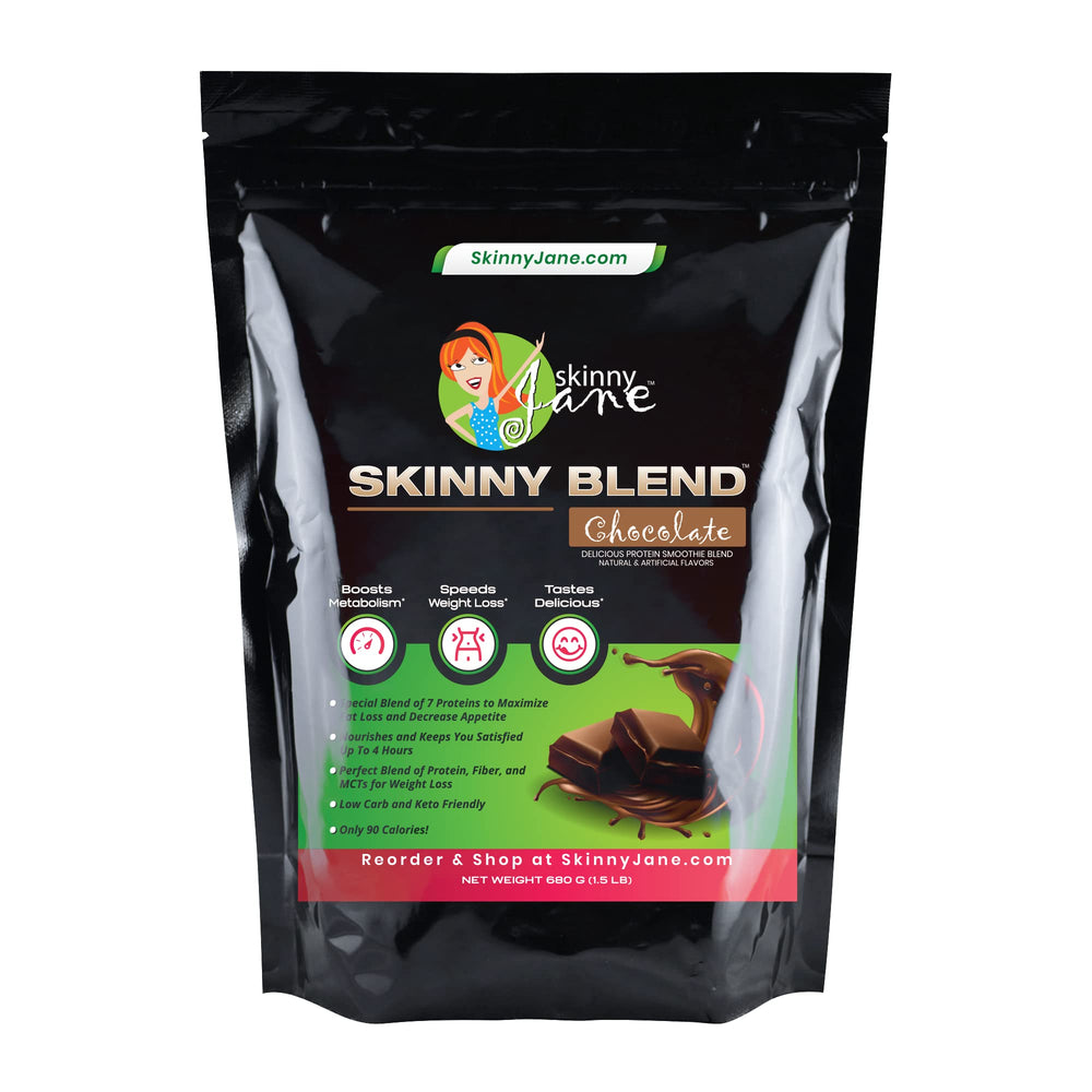 Pour Skinny Blend into a glass highlighting rich chocolate flavor and smooth texture