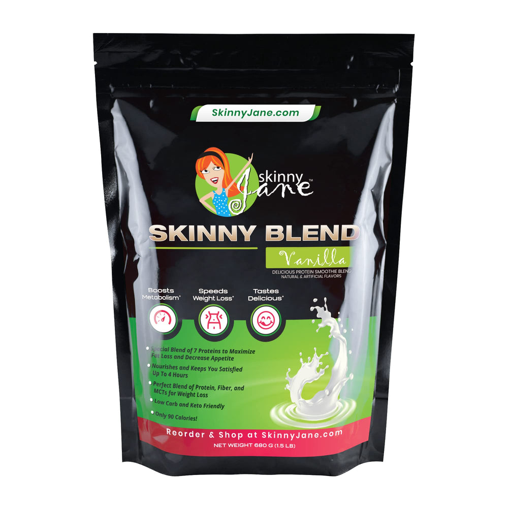 Skinny Blend vanilla shake in glass highlighting ready-to-drink convenience