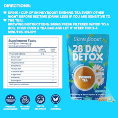 SkinnyBoost Evening detox tea bags on display for gentle digestion and bloating comfort.