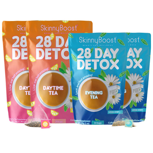 SkinnyBoost detox kit box showcasing the 4-pack for a simple wellness routine.