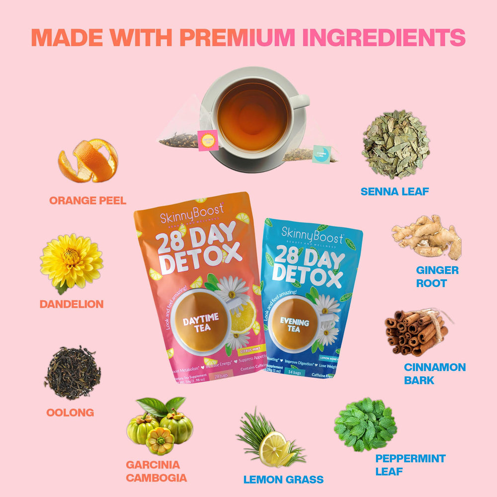 SkinnyBoost detox tea packaging front showing the 2-step kit and natural ingredients.
