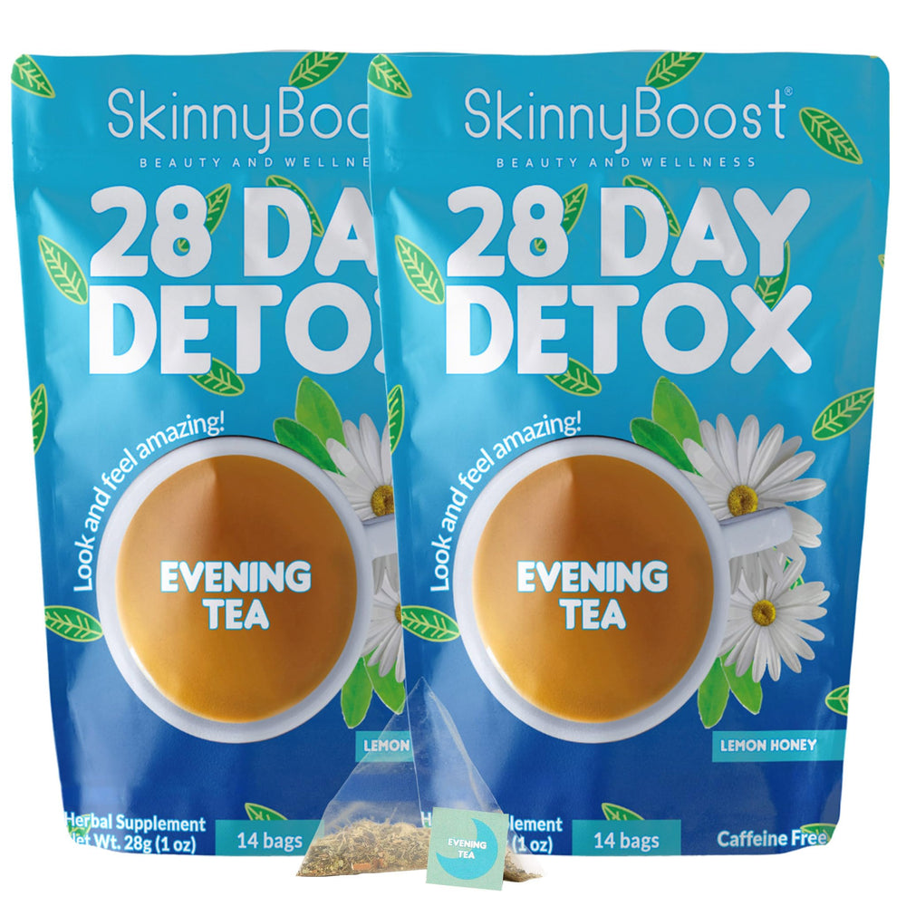 SkinnyBoost Evening Tea two-pack box front showing convenient detox option