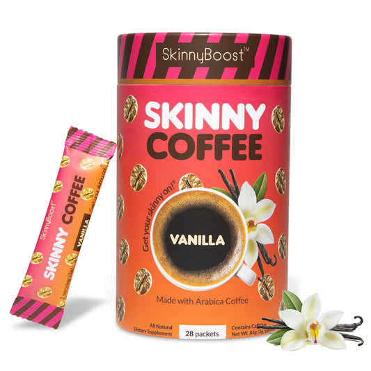 Skinny Boost Vanilla instant coffee sticks in packaging for a sugar-free morning boost.