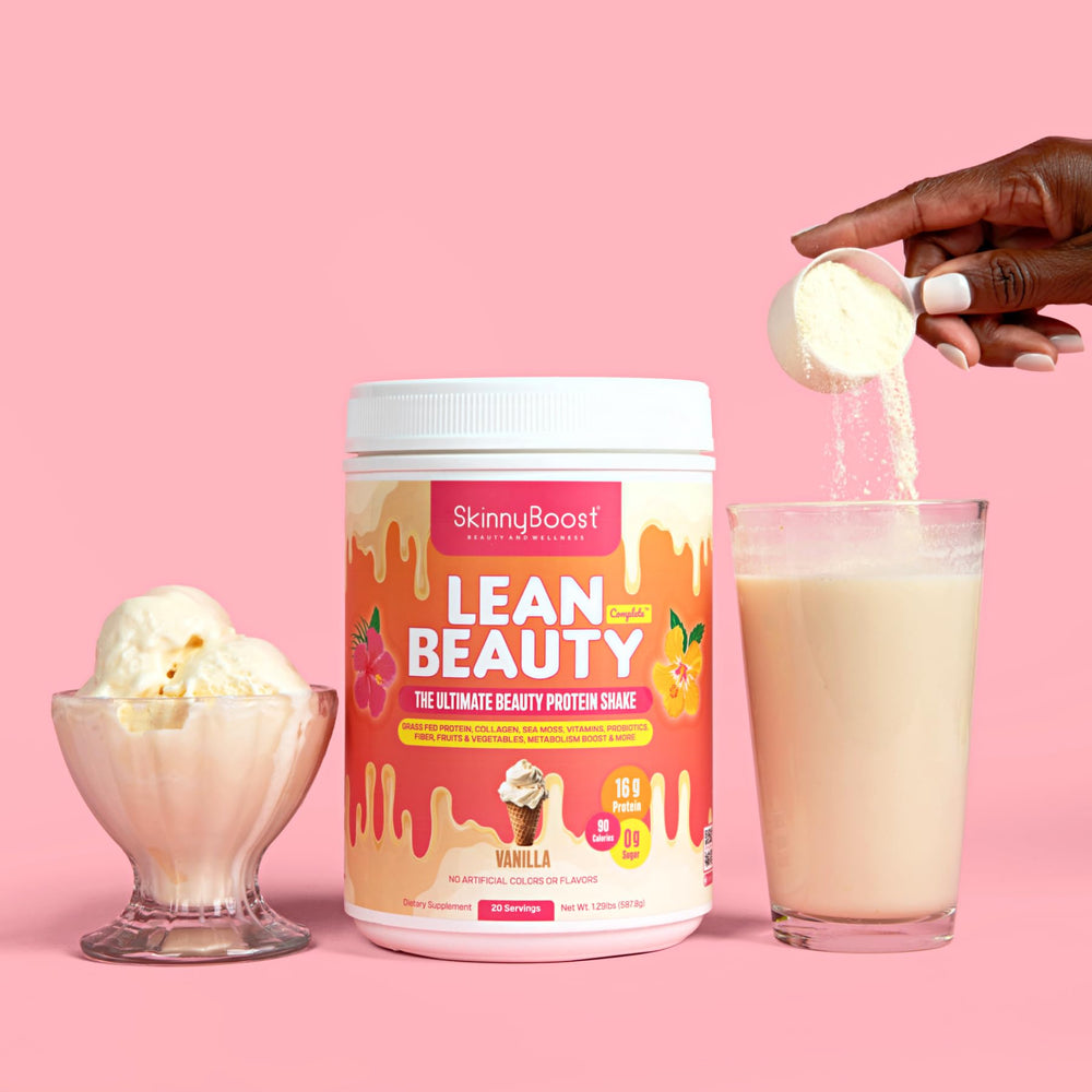 SkinnyBoost kitchen-ready vanilla shake on countertop suggests easy routine