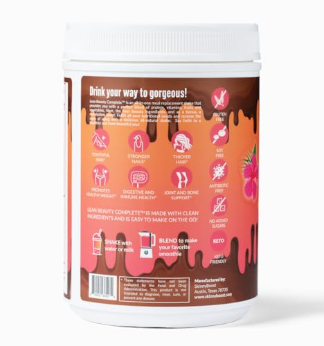 SkinnyBoost Lean Beauty chocolate jar back nutrition card with serving size information
