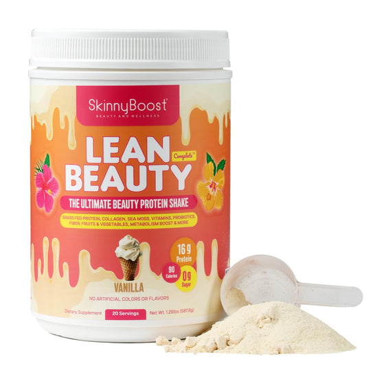 SkinnyBoost Lean Beauty Collagen Shake vanilla jar front for daily beauty support