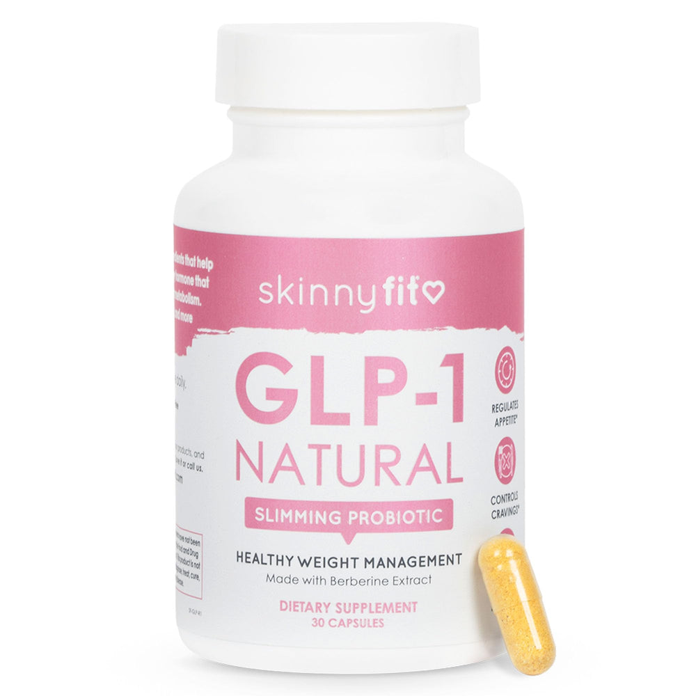 SkinnyFit GLP-1 Natural supplement bottle shows gluten-free, non-GMO formula supporting cravings control.