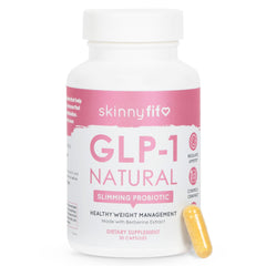 SkinnyFit GLP-1 Natural supplement bottle shows gluten-free, non-GMO formula supporting cravings control.