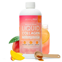 SkinnyFit Liquid Collagen Tropical Mango bottle shows convenient daily shot for beauty support.