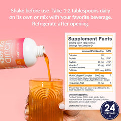 Ingredients panel on SkinnyFit Liquid Collagen Tropical Mango highlights multi-source collagen profile.