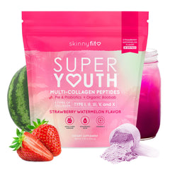 SkinnyFit Super Youth collagen tub front showing multi-collagen blend for radiant skin and joints