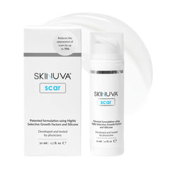 Skinuva next-gen scar cream bottle shows targeted scar therapy on skin