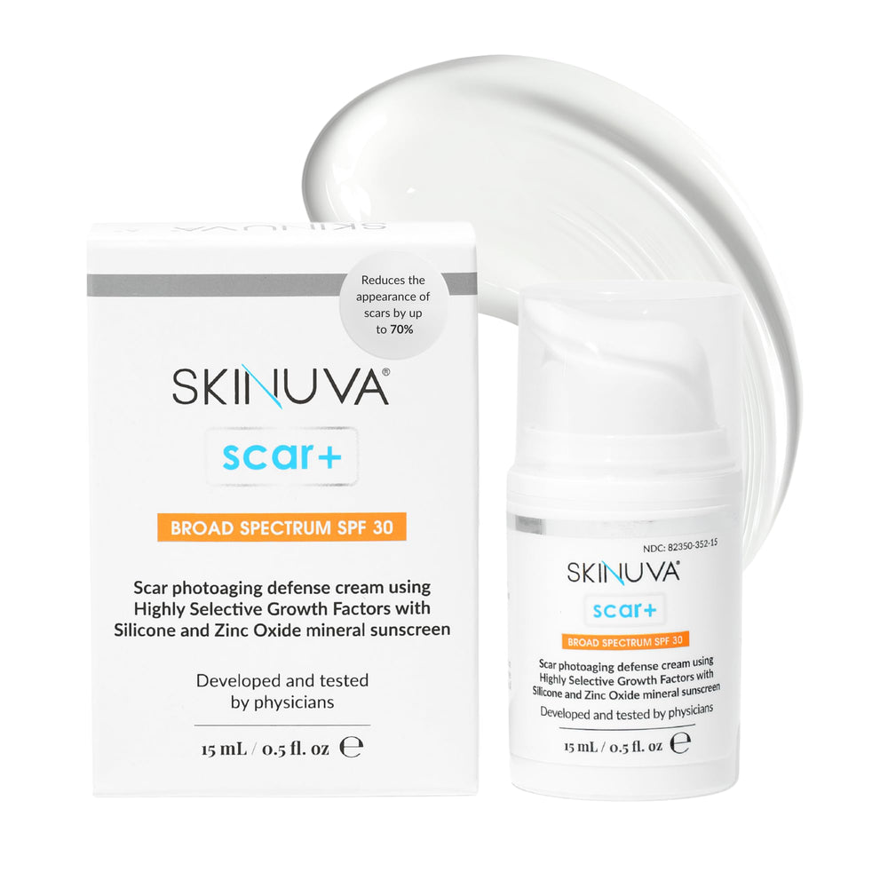 Skinuva ScarPlus cream jar for daily silicone scar care.