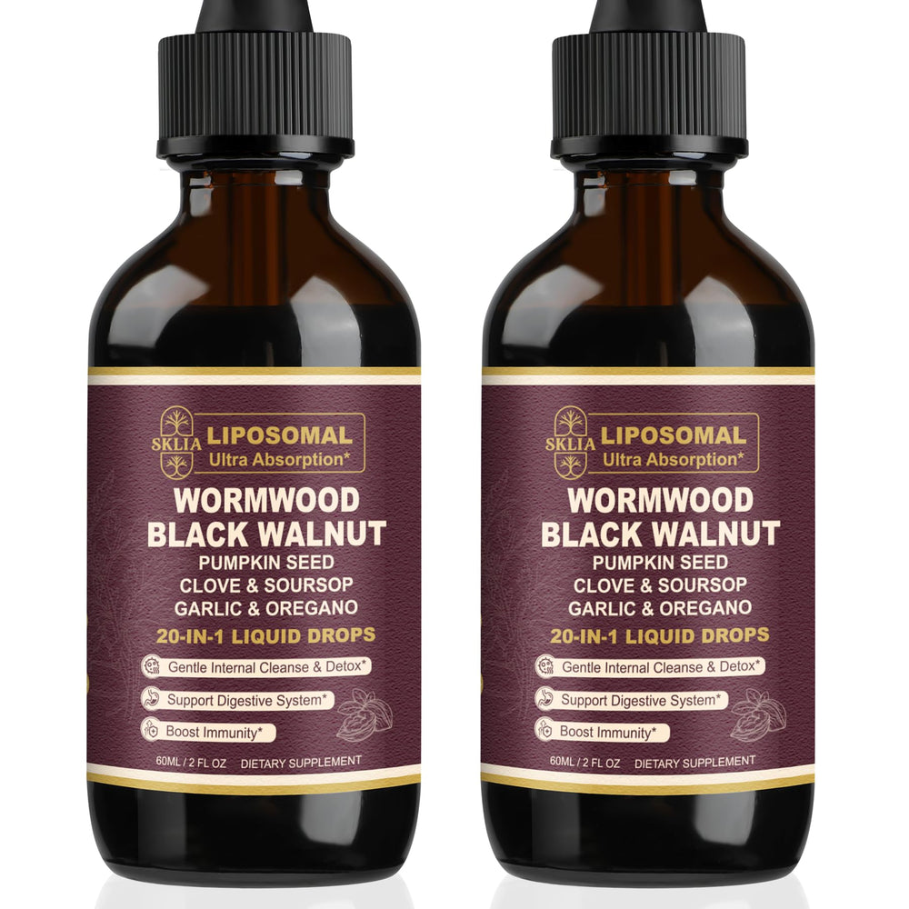 SKLIA 20-in-1 liposomal wormwood bottle drops highlight enhanced absorption for gut support.