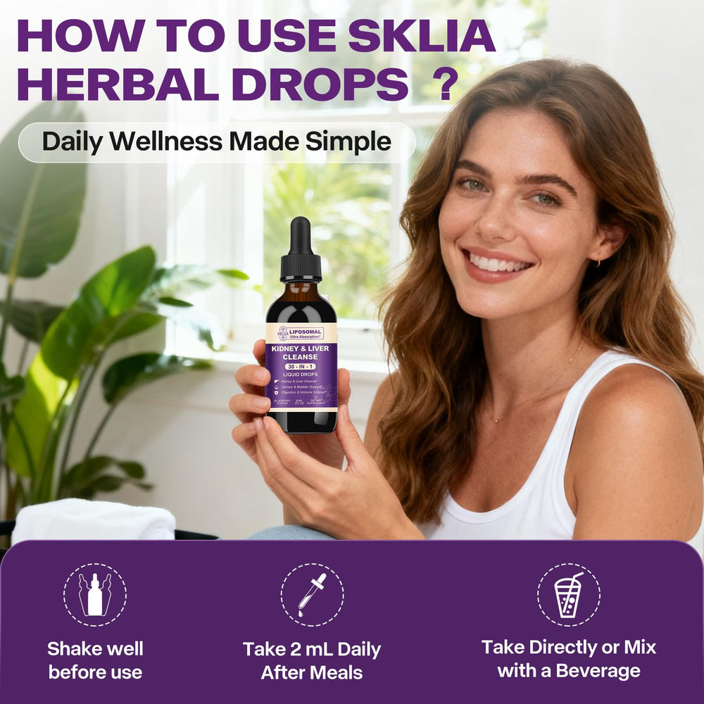 SKLIA ingredients panel features cranberry, milk thistle, chanca piedra.