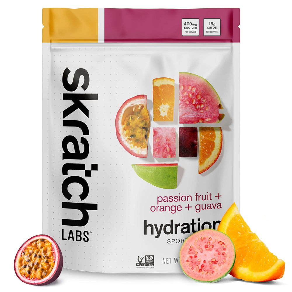 Skratch Labs hydration packaging highlights clean real-fruit ingredients for trustable hydration.