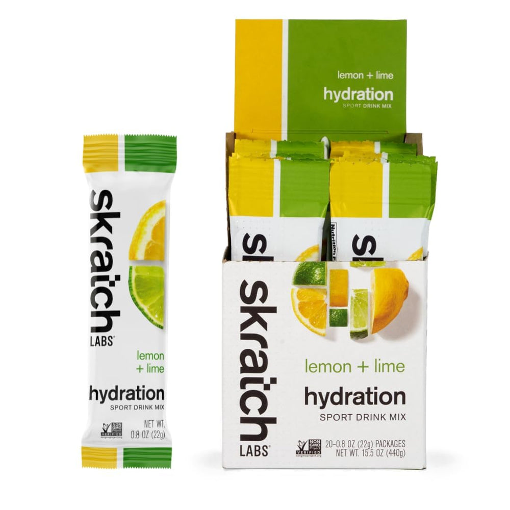 Skratch Labs hydration packets Lemon Lime on table for quick electrolyte replacement.