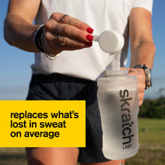 Prepared Skratch Labs Strawberry Lemonade drink in glass showcases real fruit flavor.