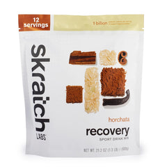 Skratch Labs recovery horchata-taste powder in tub, post-workout refuel