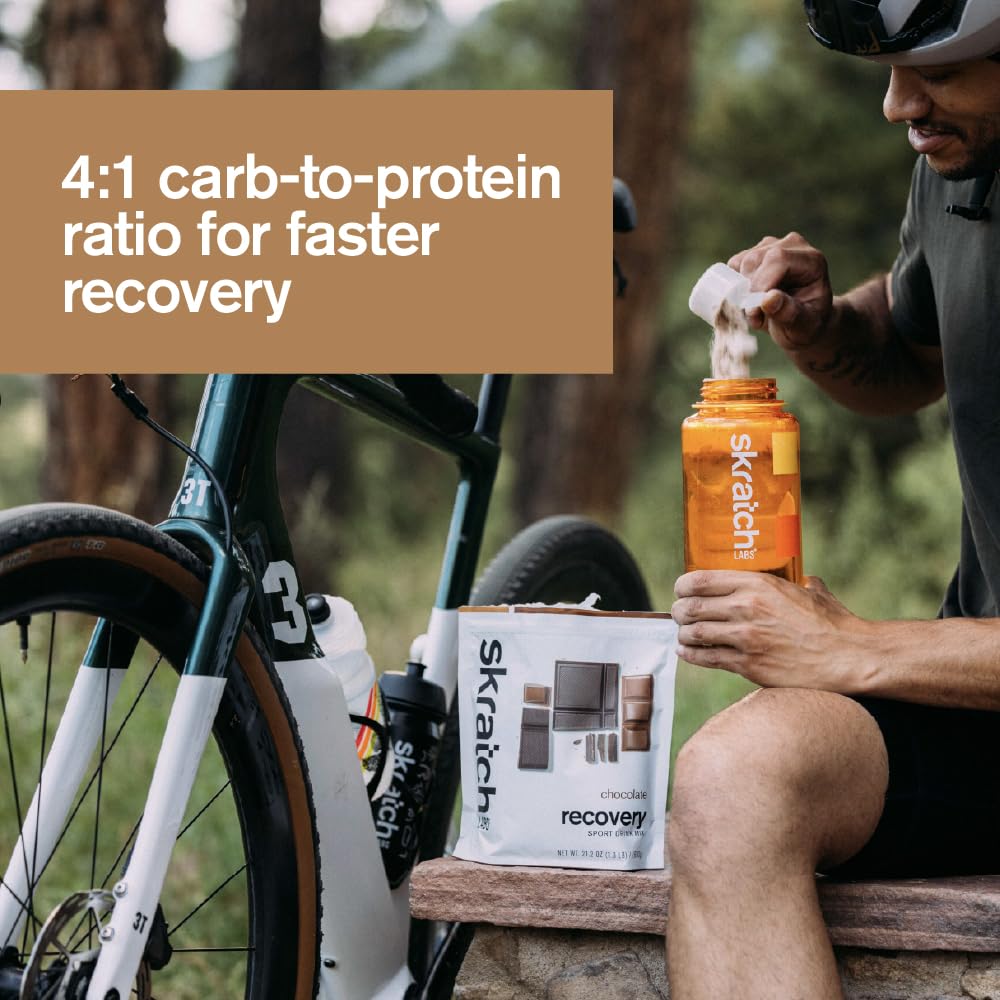 Skratch Labs Recovery Chocolate nutrition panel emphasizes protein and carbs.