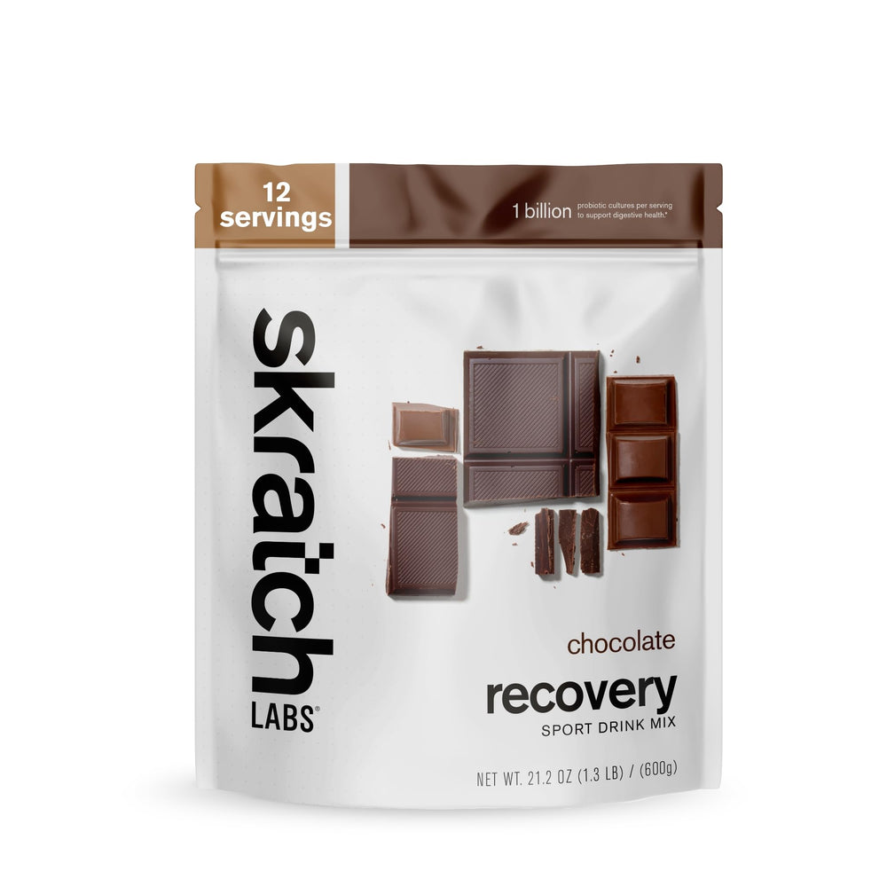 Skratch Labs chocolate recovery drink bottle, a convenient post-workout option.