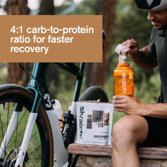 Skratch Labs chocolate recovery drink mixed with ice and straw.