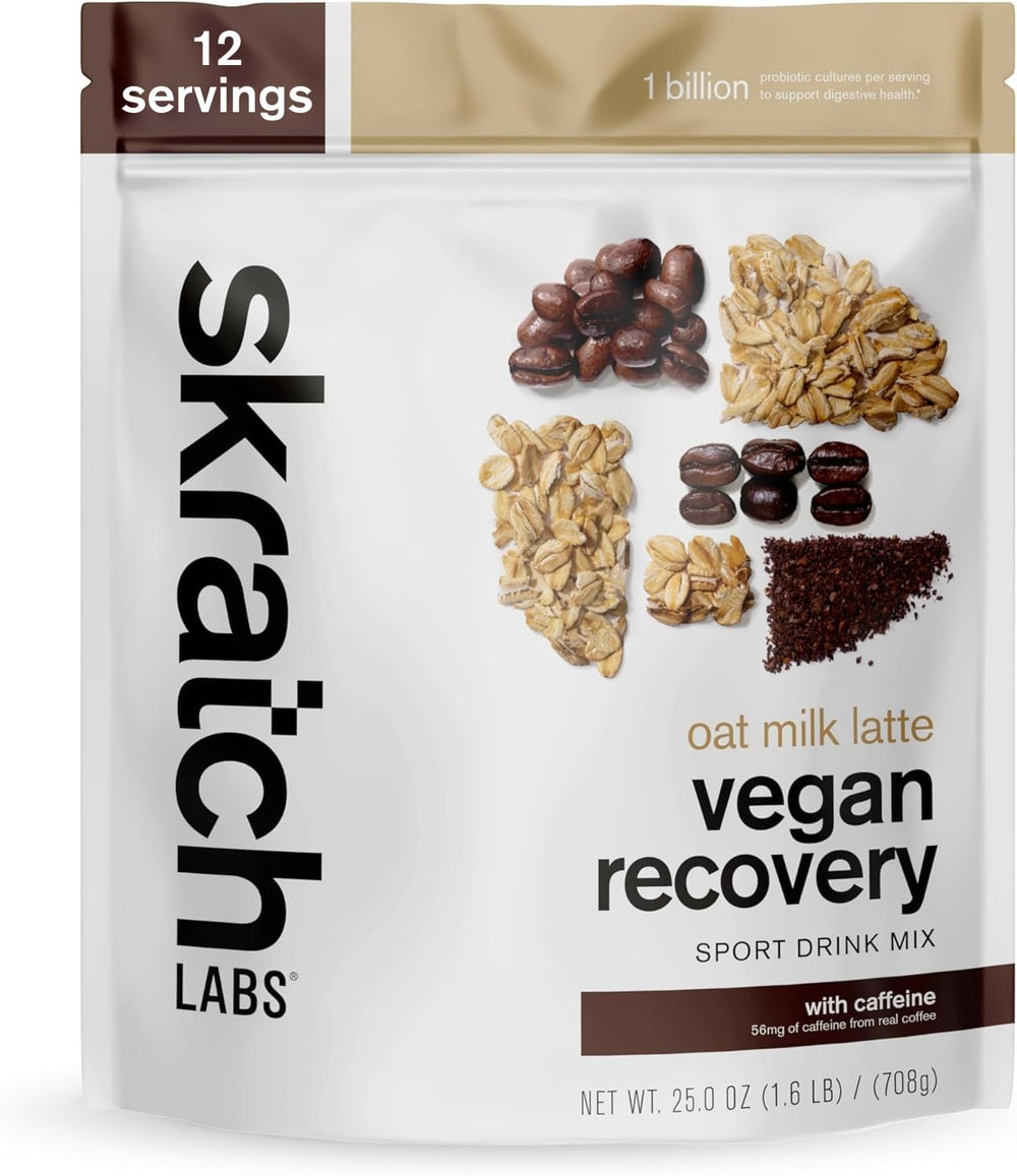 Skratch Labs Recovery Oat Milk Latte packaging shown for gluten-free athletes