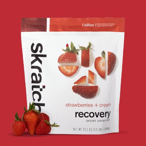 Skratch Labs Recovery scoop beside a glass showing quick mix for energy after training