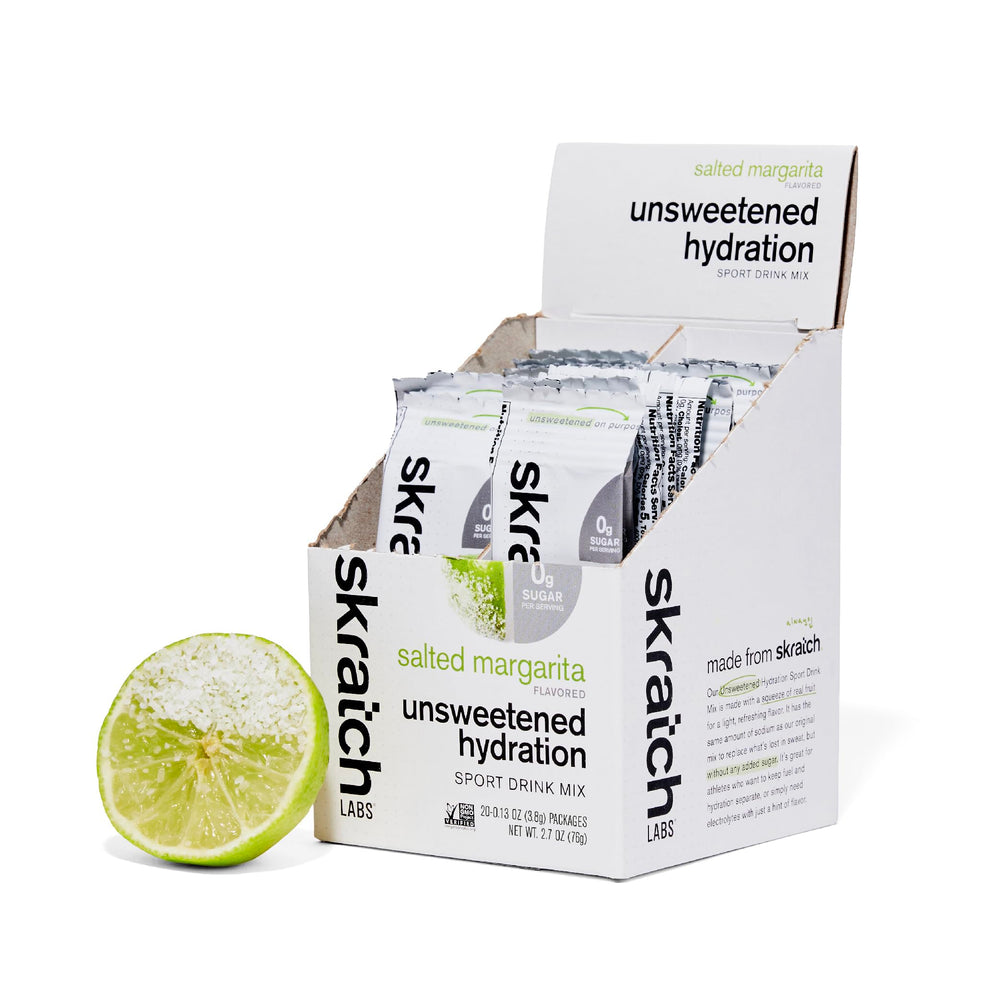 Skratch Labs Unsweetened Hydration Salted Margarita bottle ready for sugar-free electrolyte boost during workouts.