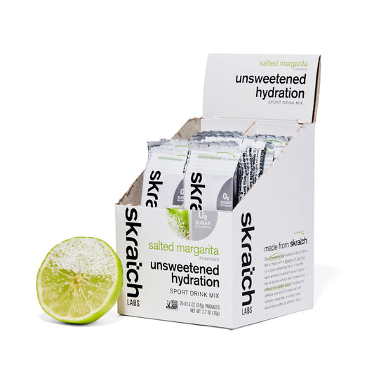 Skratch Labs Unsweetened Hydration Salted Margarita bottle ready for sugar-free electrolyte boost during workouts.