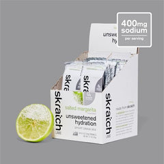 Skratch Labs Unsweetened Hydration powder tub with salt and lime notes visible.
