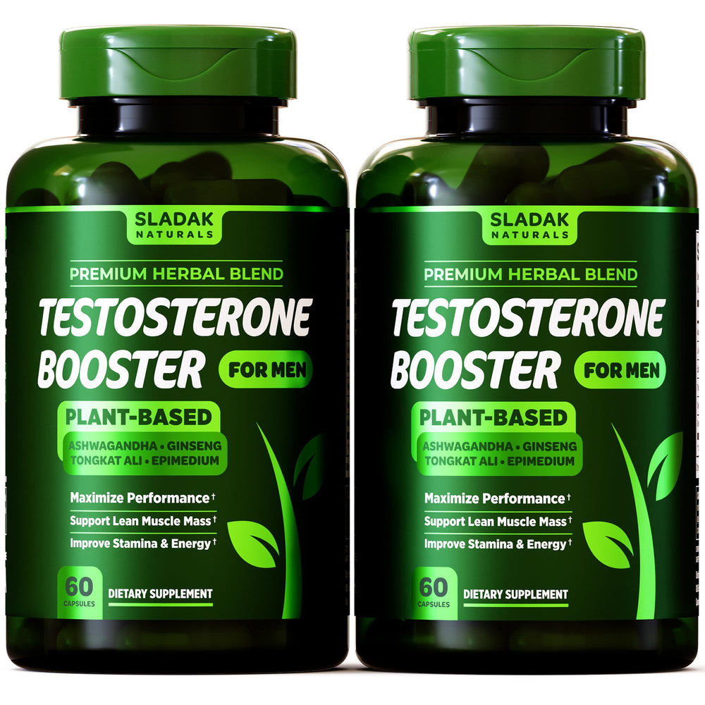 SLADAK NATURALS testosterone booster bottle front supports focused workouts.