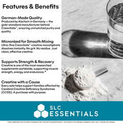 SLC Essentials Creatine Monohydrate unflavored formula with no fillers.