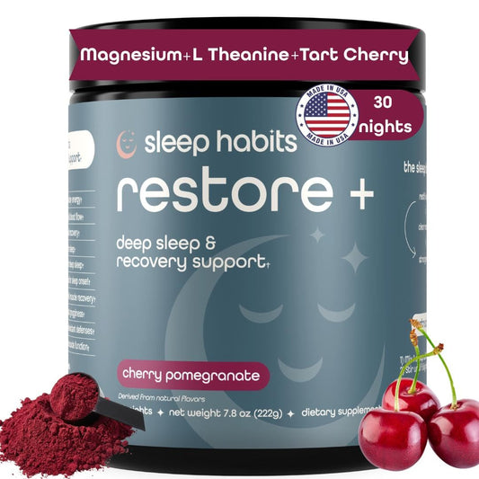 Sleep Habits Restore packshot with powder tub and scoop for easy nightly use