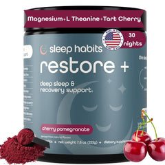 Sleep Habits Restore packshot with powder tub and scoop for easy nightly use