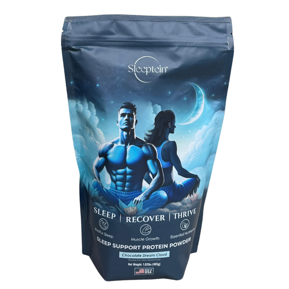 Sleeptein Sleep Support Protein Powder tub, highlighting overnight recovery potential for athletes