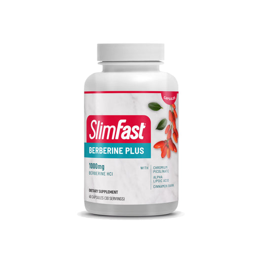 SlimFast Berberine Plus bottle showing 1000 mg berberine per serving for daily use.
