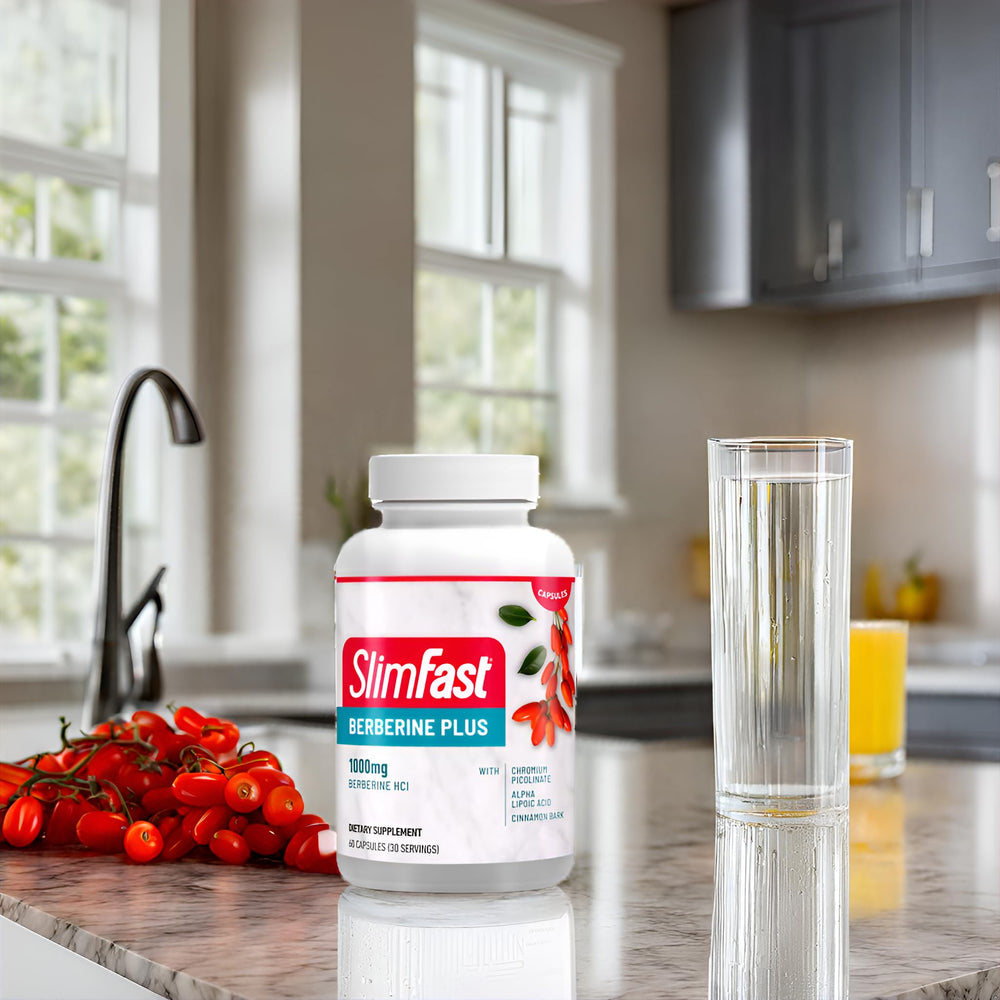 SlimFast Berberine Plus serving illustration with two capsules for daily use.