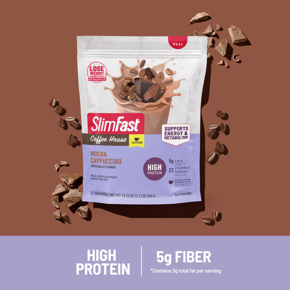 SlimFast mocha cappuccino shake poured in glass with creamy texture.