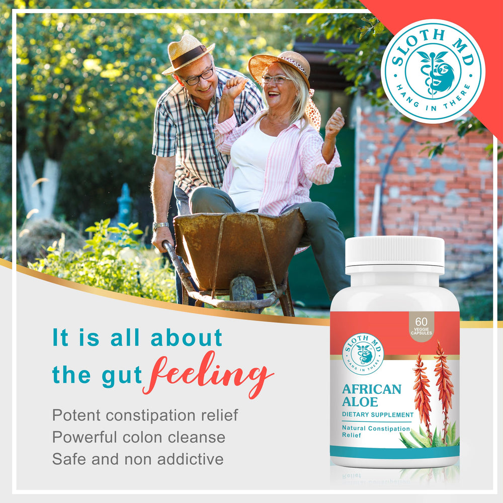 SLOTH MD African Aloe Ferox daily-use scene with a person taking capsules with water.