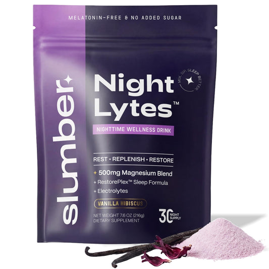 Slumber Night Lytes bottle pouring vanilla hibiscus powder for a calming bedtime ritual