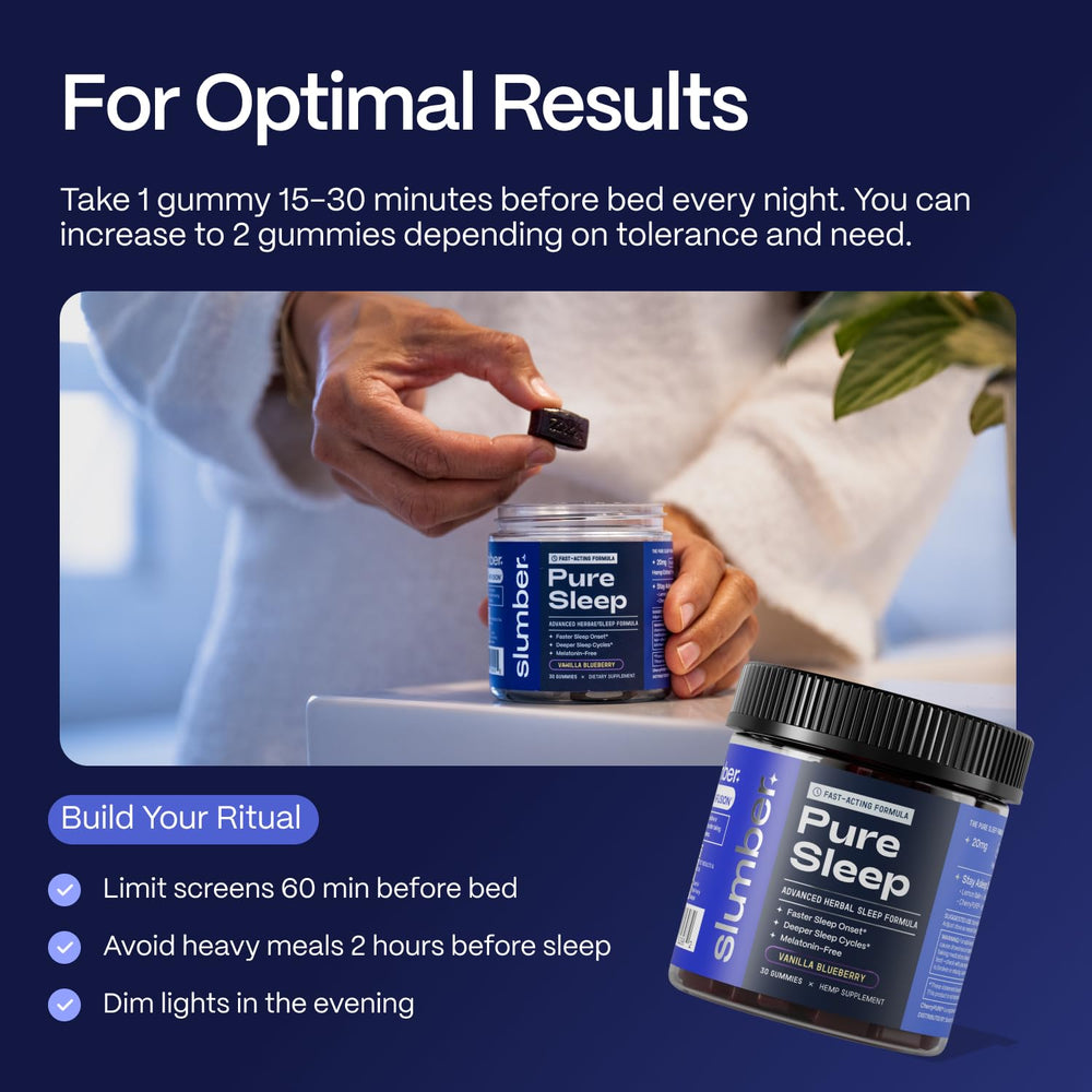 Slumber Pure Sleep gummies on a bedside table for a calming nightly routine.